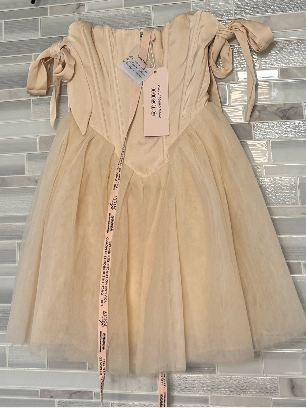 Oh Polly Cream Tulle Off-Shoulder Party Dress